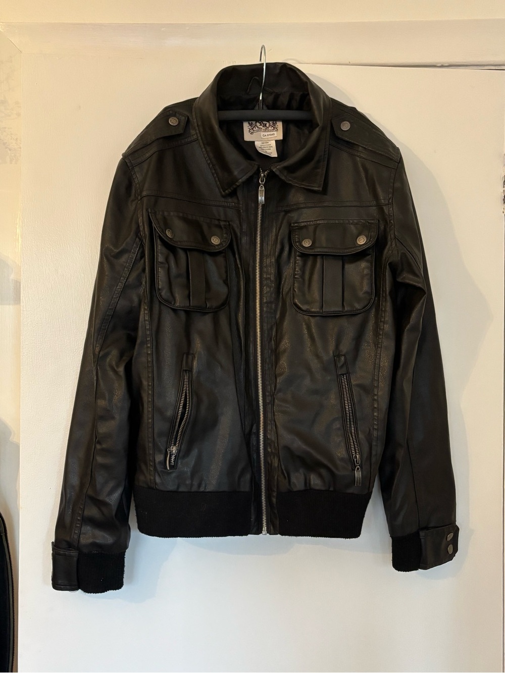 Black Vegan Leather Bomber Jacket with Zip Front